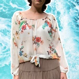 Sheer Floral Cream Peasant Top with Lace Insets and Tie Detail, Size S